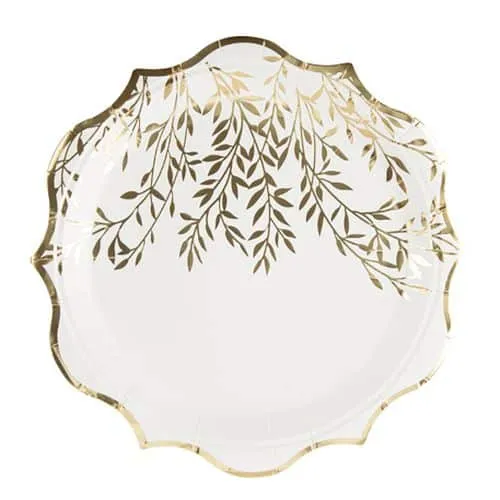 Assiette – Blanc – Feuillage doré – Lot de 8