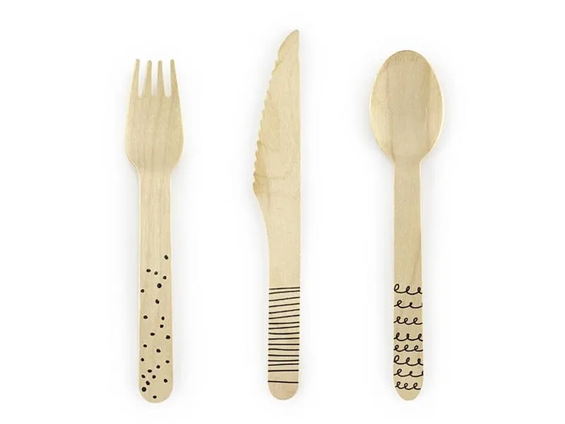 Couverts en bois – Motifs noirs – Lot de 18